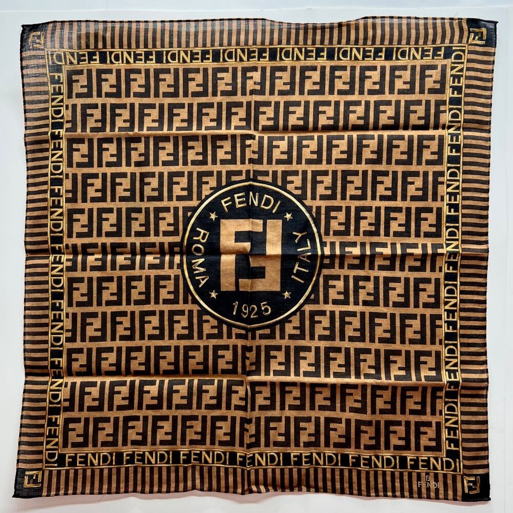 FENDI Zucca mini scarf handker cotton/Silk 19"  black  Gold   Brown logo  FF(56 - Picture 4 of 6